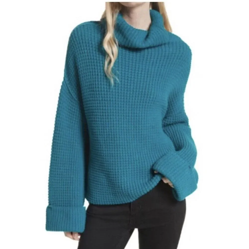 FREE PEOPLE | Park City Chunky Knit Teal Cowl Neck Sweater Women’s Size Medium - Picture 12 of 12